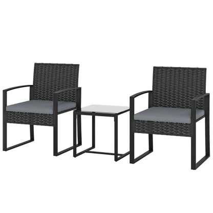 Outsunny Rattan Bistro Set, 3 Piece Garden Furniture Set with Glass Top Table and Cushions