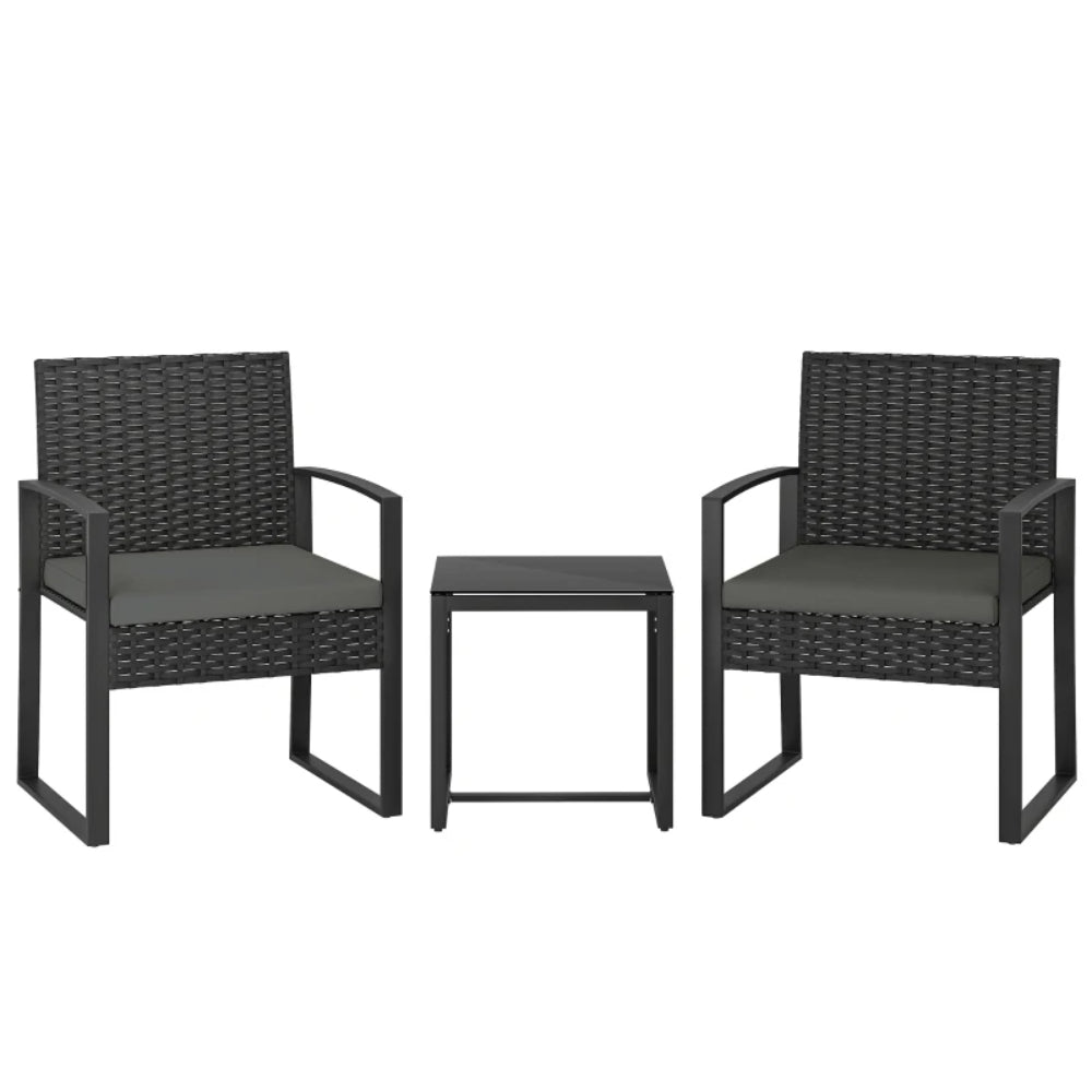 Outsunny Rattan Bistro Set, 3 Piece Garden Furniture Set with Glass Top Table and Cushions