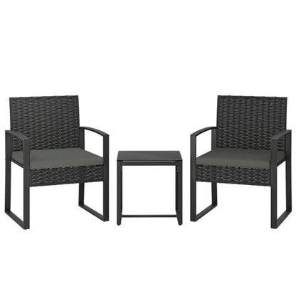 Outsunny Rattan Bistro Set, 3 Piece Garden Furniture Set with Glass Top Table and Cushions
