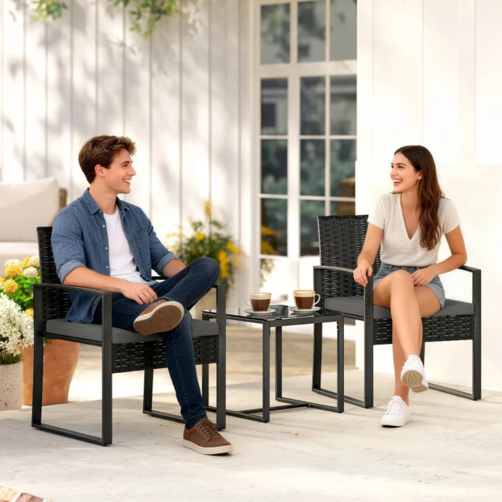 Outsunny Rattan Bistro Set, 3 Piece Garden Furniture Set with Glass Top Table and Cushions