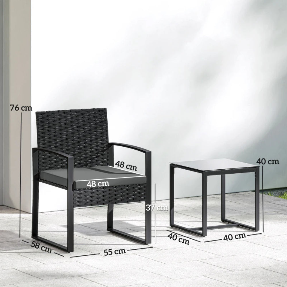 Outsunny Rattan Bistro Set, 3 Piece Garden Furniture Set with Glass Top Table and Cushions
