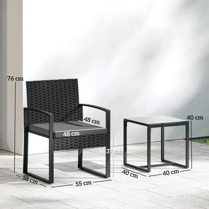 Outsunny Rattan Bistro Set, 3 Piece Garden Furniture Set with Glass Top Table and Cushions