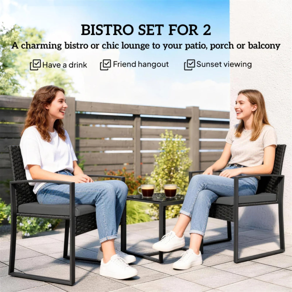 Outsunny Rattan Bistro Set, 3 Piece Garden Furniture Set with Glass Top Table and Cushions