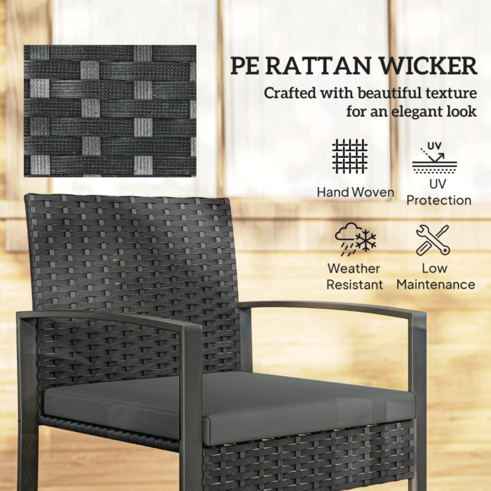 Outsunny Rattan Bistro Set, 3 Piece Garden Furniture Set with Glass Top Table and Cushions