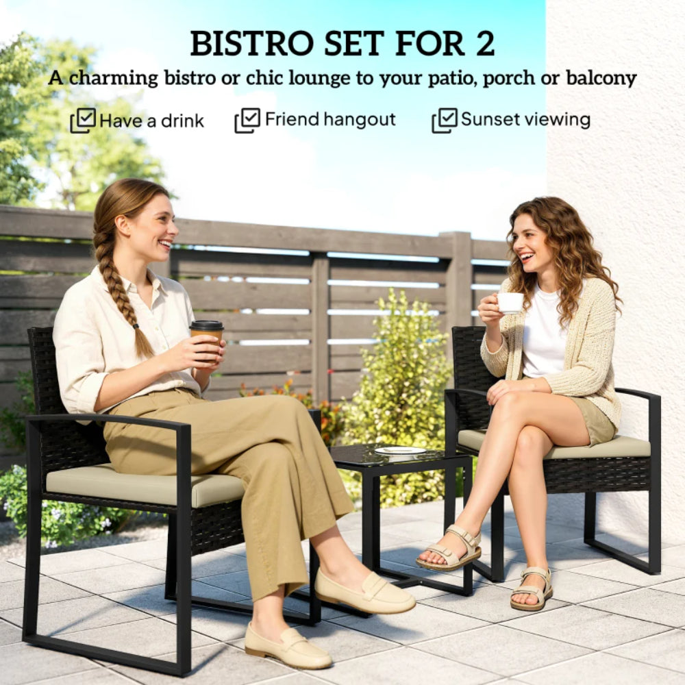 Outsunny Rattan Bistro Set, 3 Piece Garden Furniture Set with Glass Top Table and Cushions