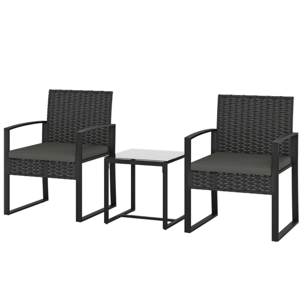 Outsunny Rattan Bistro Set, 3 Piece Garden Furniture Set with Glass Top Table and Cushions