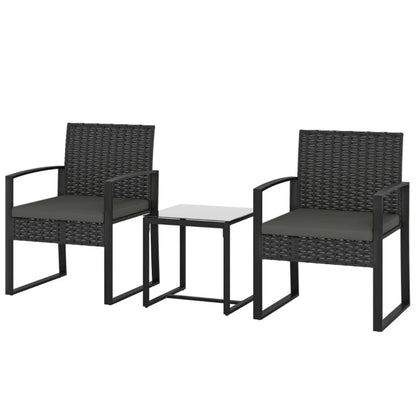 Outsunny Rattan Bistro Set, 3 Piece Garden Furniture Set with Glass Top Table and Cushions