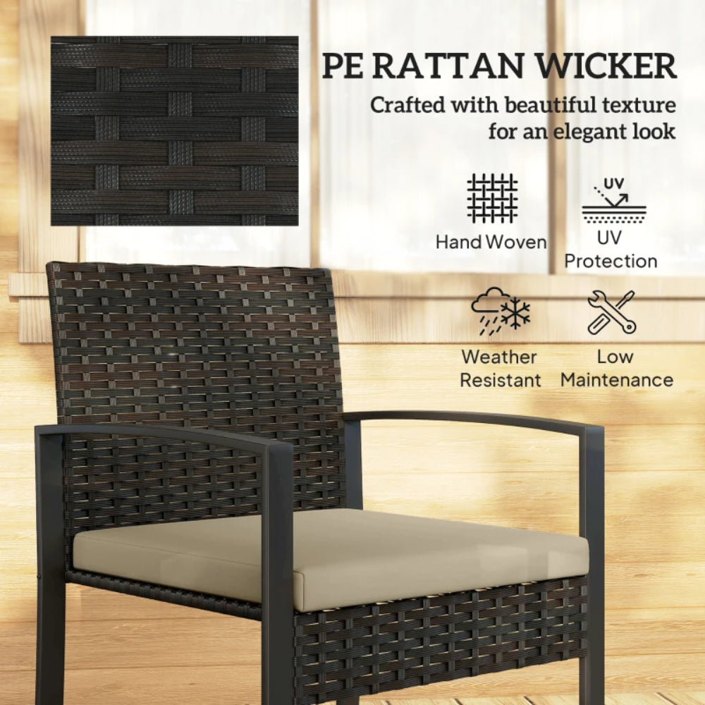 Outsunny Rattan Bistro Set, 3 Piece Garden Furniture Set with Glass Top Table and Cushions