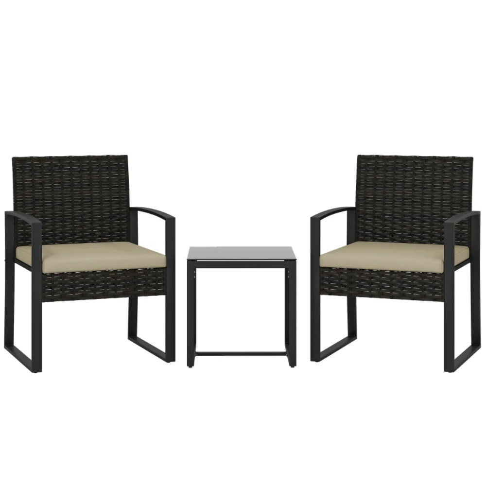Outsunny Rattan Bistro Set, 3 Piece Garden Furniture Set with Glass Top Table and Cushions