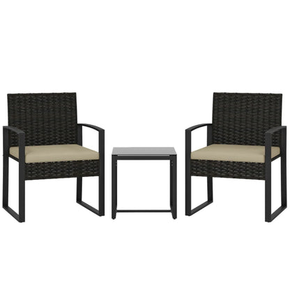 Outsunny Rattan Bistro Set, 3 Piece Garden Furniture Set with Glass Top Table and Cushions