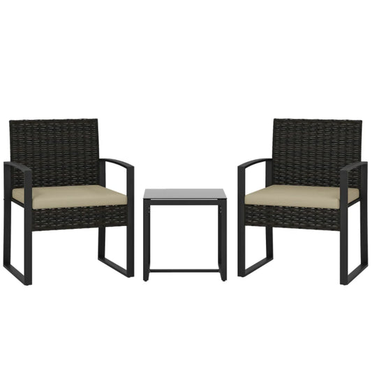 Outsunny Rattan Bistro Set, 3 Piece Garden Furniture Set with Glass Top Table and Cushions
