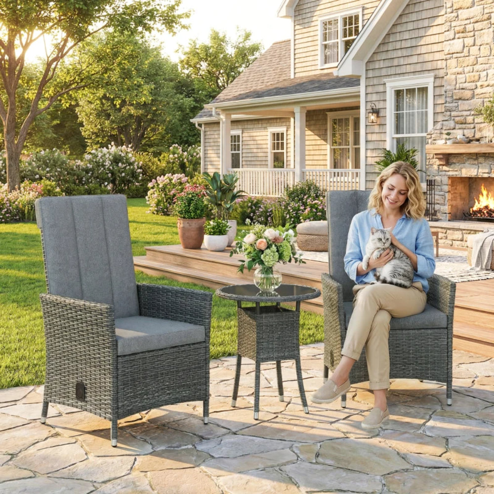 Outsunny Rattan Bistro Set, Reclining Garden Chairs and Glass Coffee Table with Cushions for Patio Balcony Porch