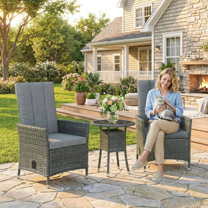 Outsunny Rattan Bistro Set, Reclining Garden Chairs and Glass Coffee Table with Cushions for Patio Balcony Porch