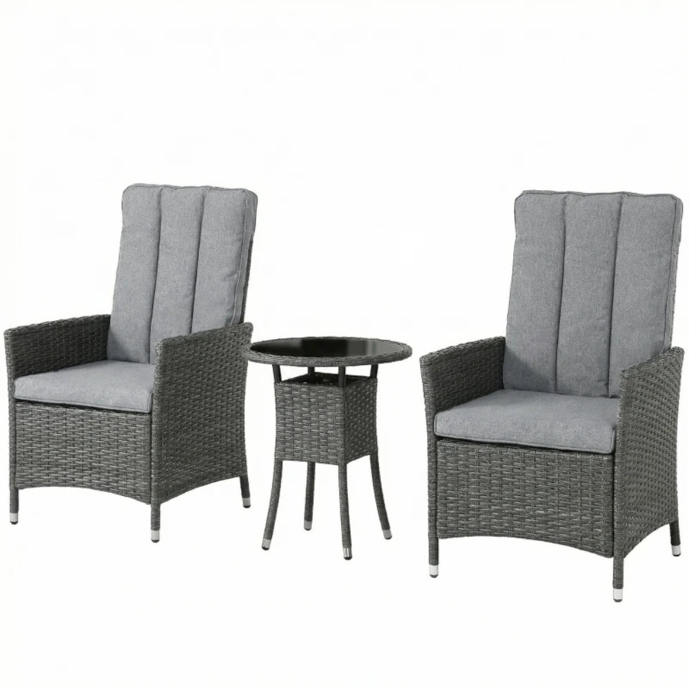 Outsunny Rattan Bistro Set, Reclining Garden Chairs and Glass Coffee Table with Cushions for Patio Balcony Porch