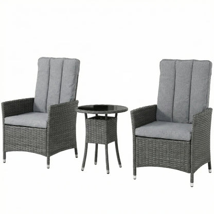 Outsunny Rattan Bistro Set, Reclining Garden Chairs and Glass Coffee Table with Cushions for Patio Balcony Porch
