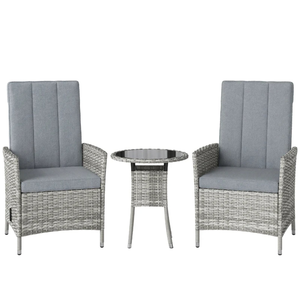 Outsunny Rattan Bistro Set, Reclining Garden Chairs and Glass Coffee Table with Cushions for Patio Balcony Porch
