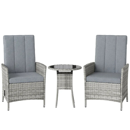 Outsunny Rattan Bistro Set, Reclining Garden Chairs and Glass Coffee Table with Cushions for Patio Balcony Porch