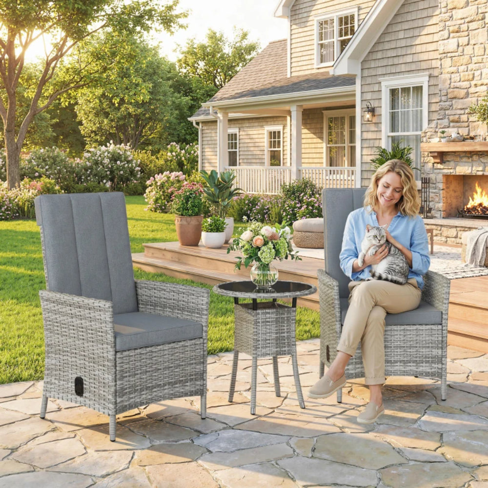 Outsunny Rattan Bistro Set, Reclining Garden Chairs and Glass Coffee Table with Cushions for Patio Balcony Porch