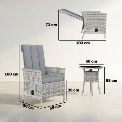 Outsunny Rattan Bistro Set, Reclining Garden Chairs and Glass Coffee Table with Cushions for Patio Balcony Porch