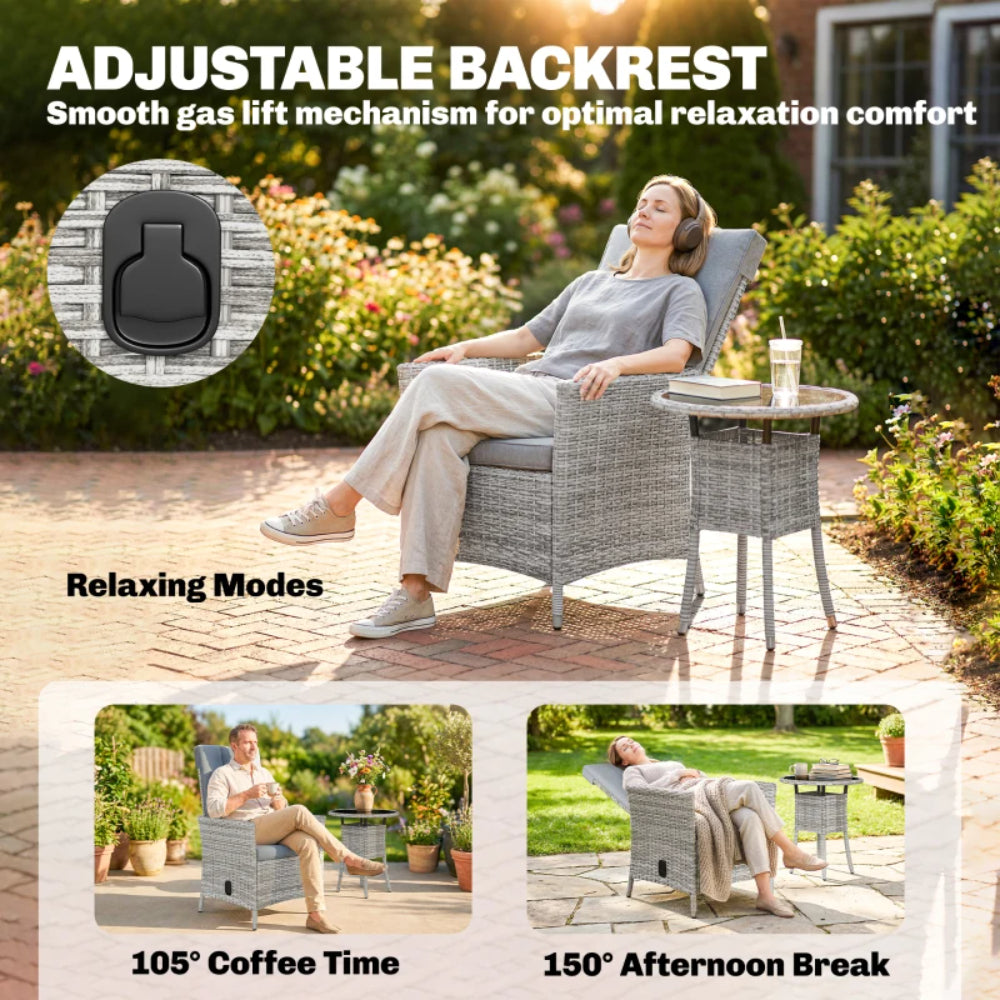 Outsunny Rattan Bistro Set, Reclining Garden Chairs and Glass Coffee Table with Cushions for Patio Balcony Porch