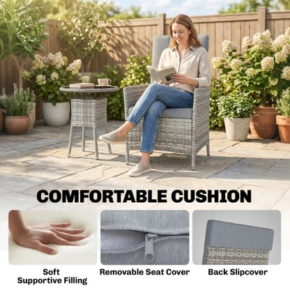 Outsunny Rattan Bistro Set, Reclining Garden Chairs and Glass Coffee Table with Cushions for Patio Balcony Porch