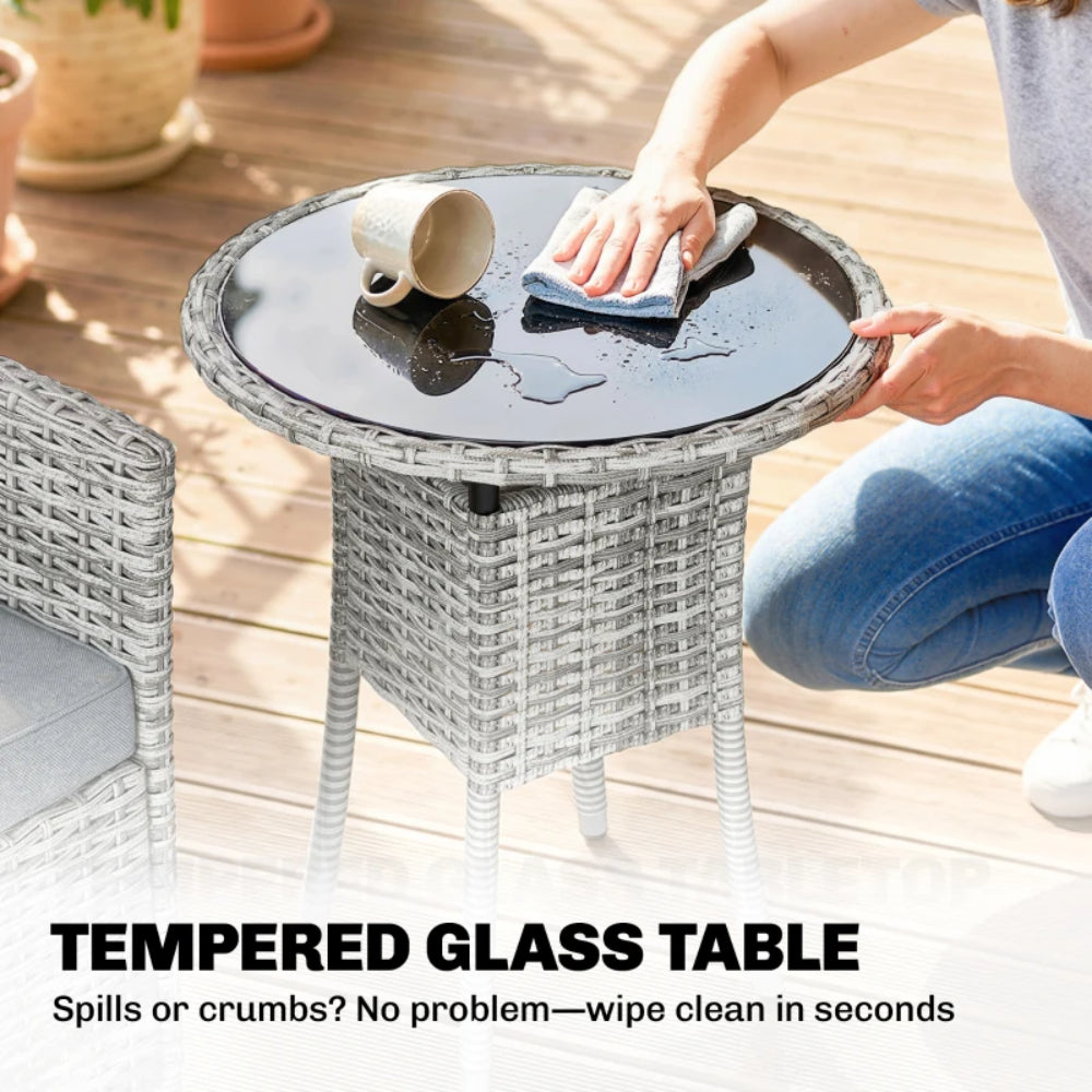 Outsunny Rattan Bistro Set, Reclining Garden Chairs and Glass Coffee Table with Cushions for Patio Balcony Porch