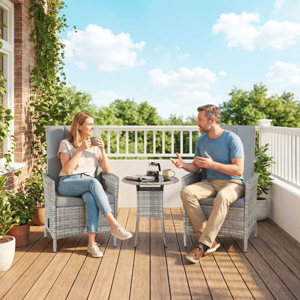 Outsunny Rattan Bistro Set, Reclining Garden Chairs and Glass Coffee Table with Cushions for Patio Balcony Porch