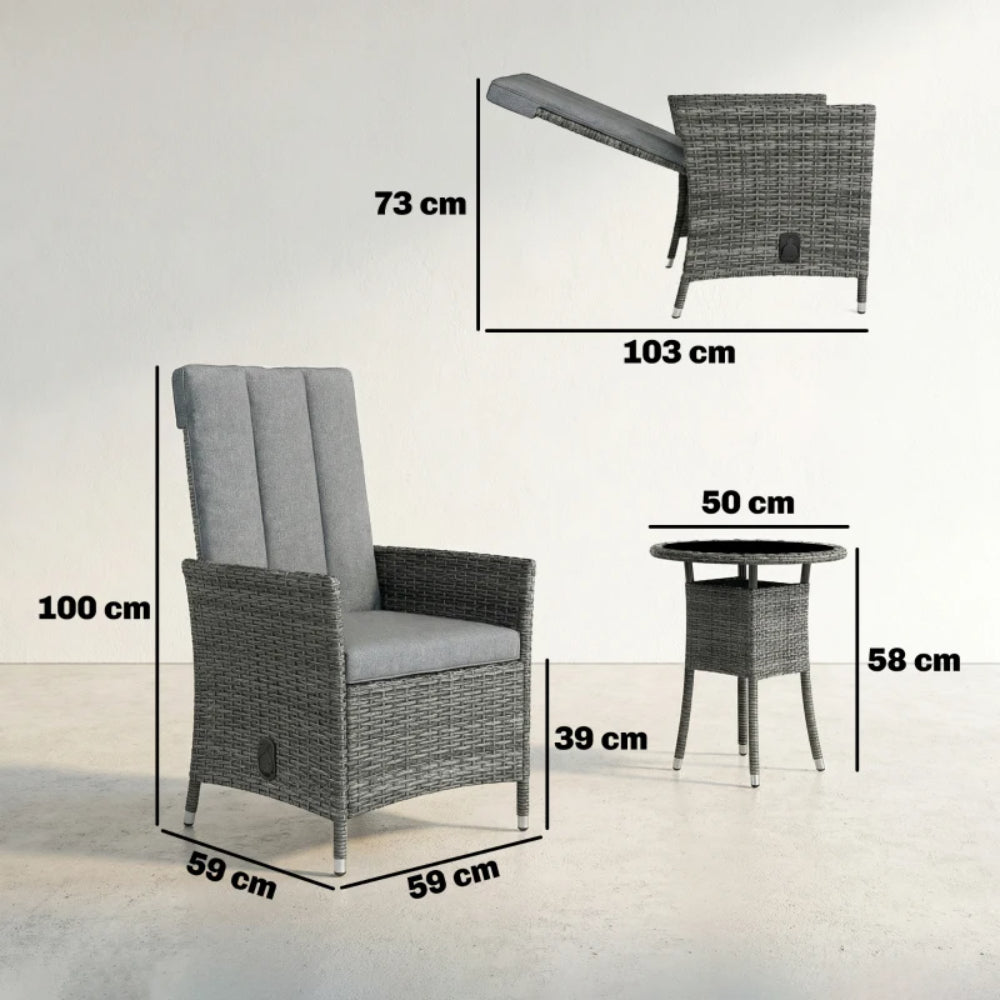 Outsunny Rattan Bistro Set, Reclining Garden Chairs and Glass Coffee Table with Cushions for Patio Balcony Porch