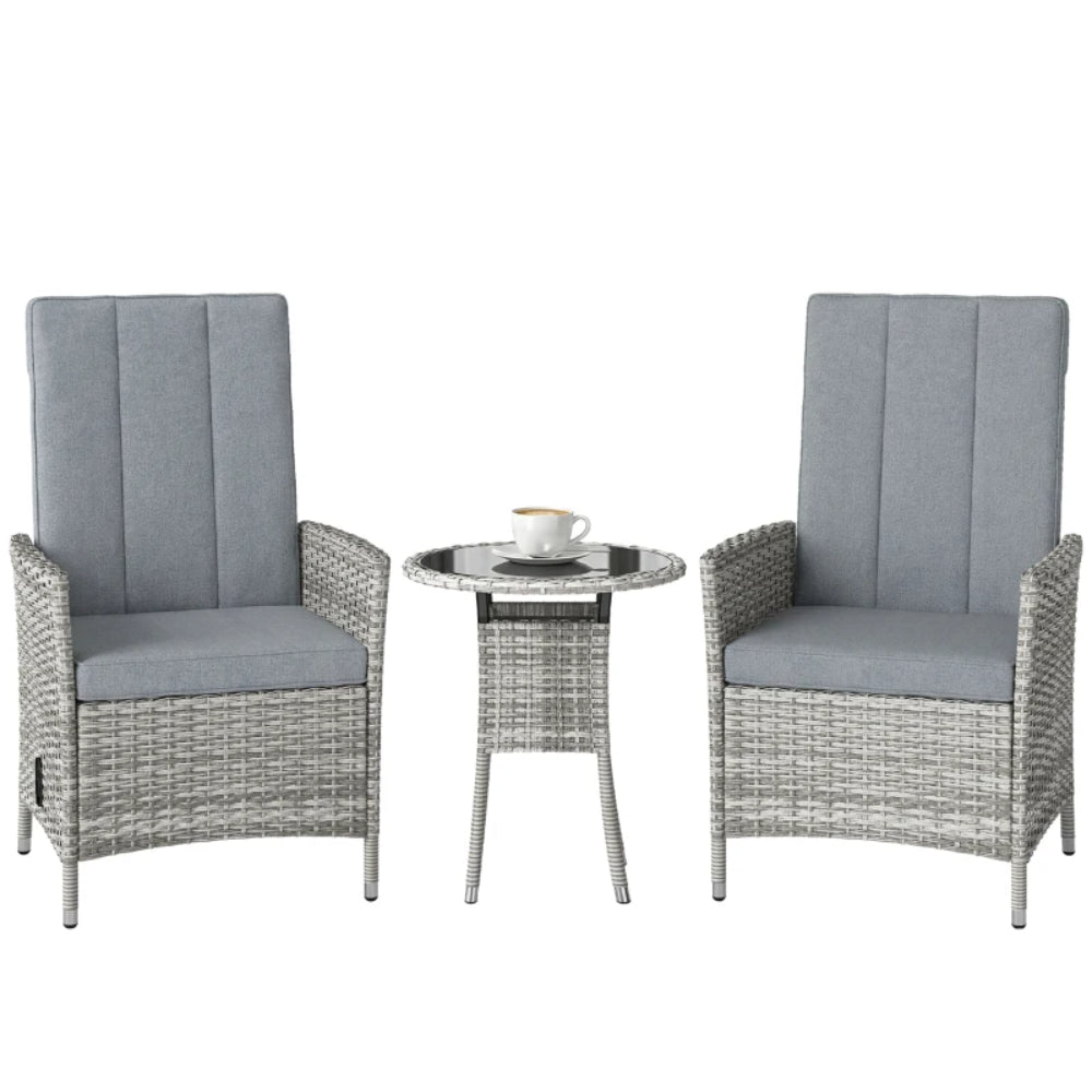 Outsunny Rattan Bistro Set, Reclining Garden Chairs and Glass Coffee Table with Cushions for Patio Balcony Porch