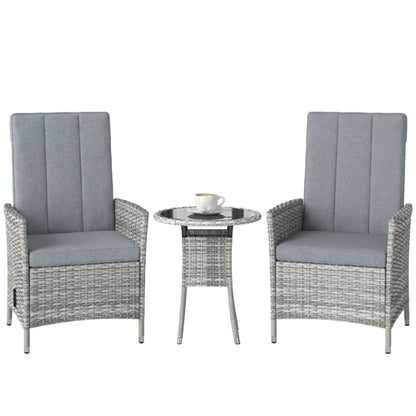Outsunny Rattan Bistro Set, Reclining Garden Chairs and Glass Coffee Table with Cushions for Patio Balcony Porch