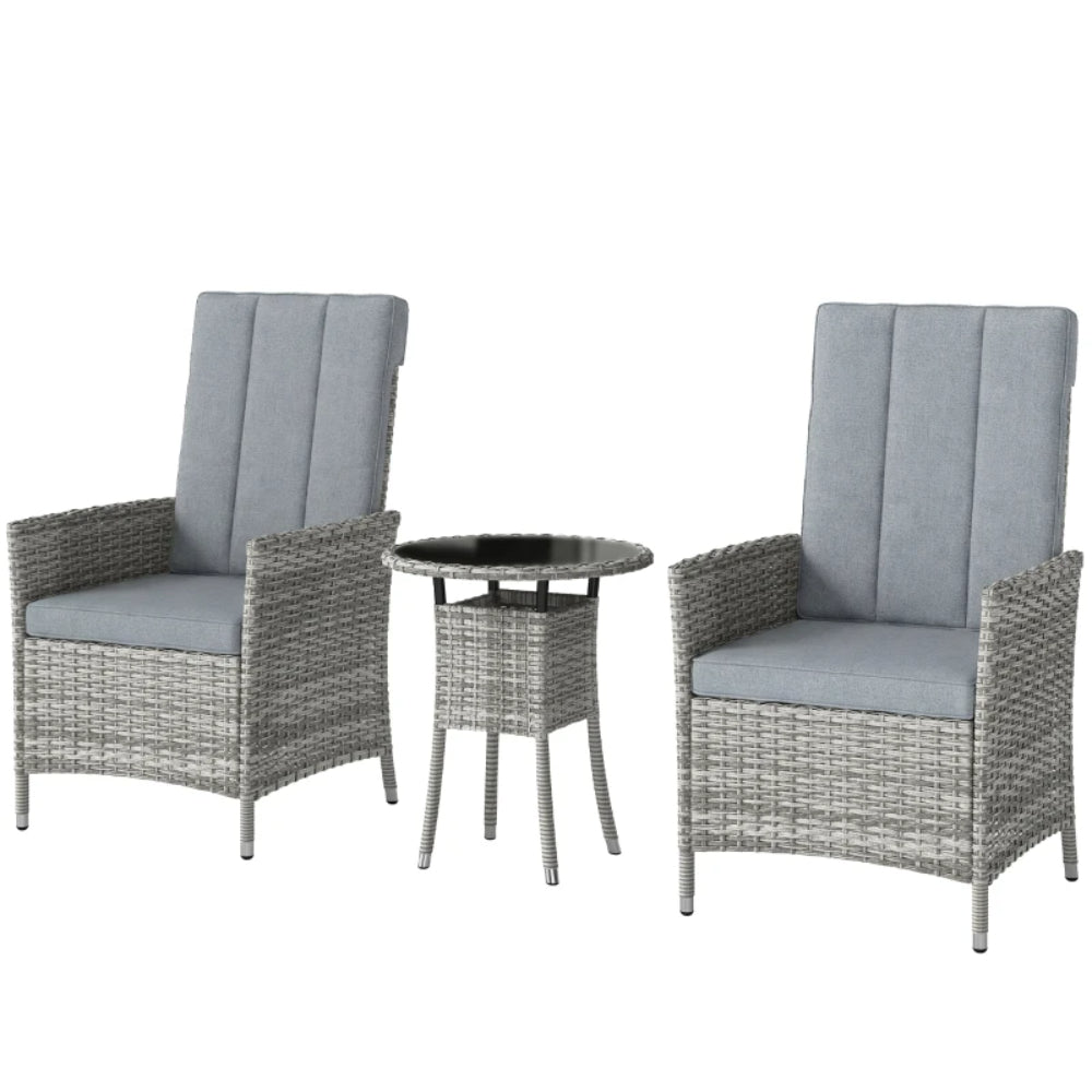 Outsunny Rattan Bistro Set, Reclining Garden Chairs and Glass Coffee Table with Cushions for Patio Balcony Porch