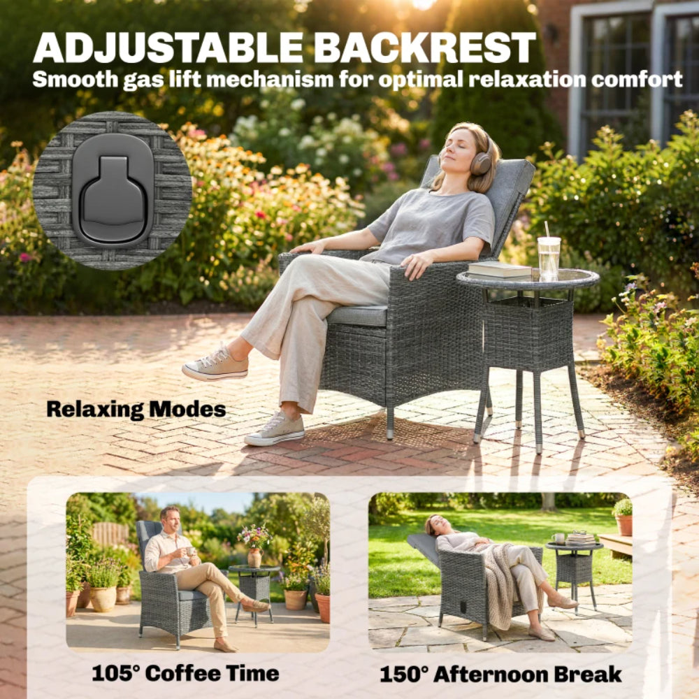 Outsunny Rattan Bistro Set, Reclining Garden Chairs and Glass Coffee Table with Cushions for Patio Balcony Porch