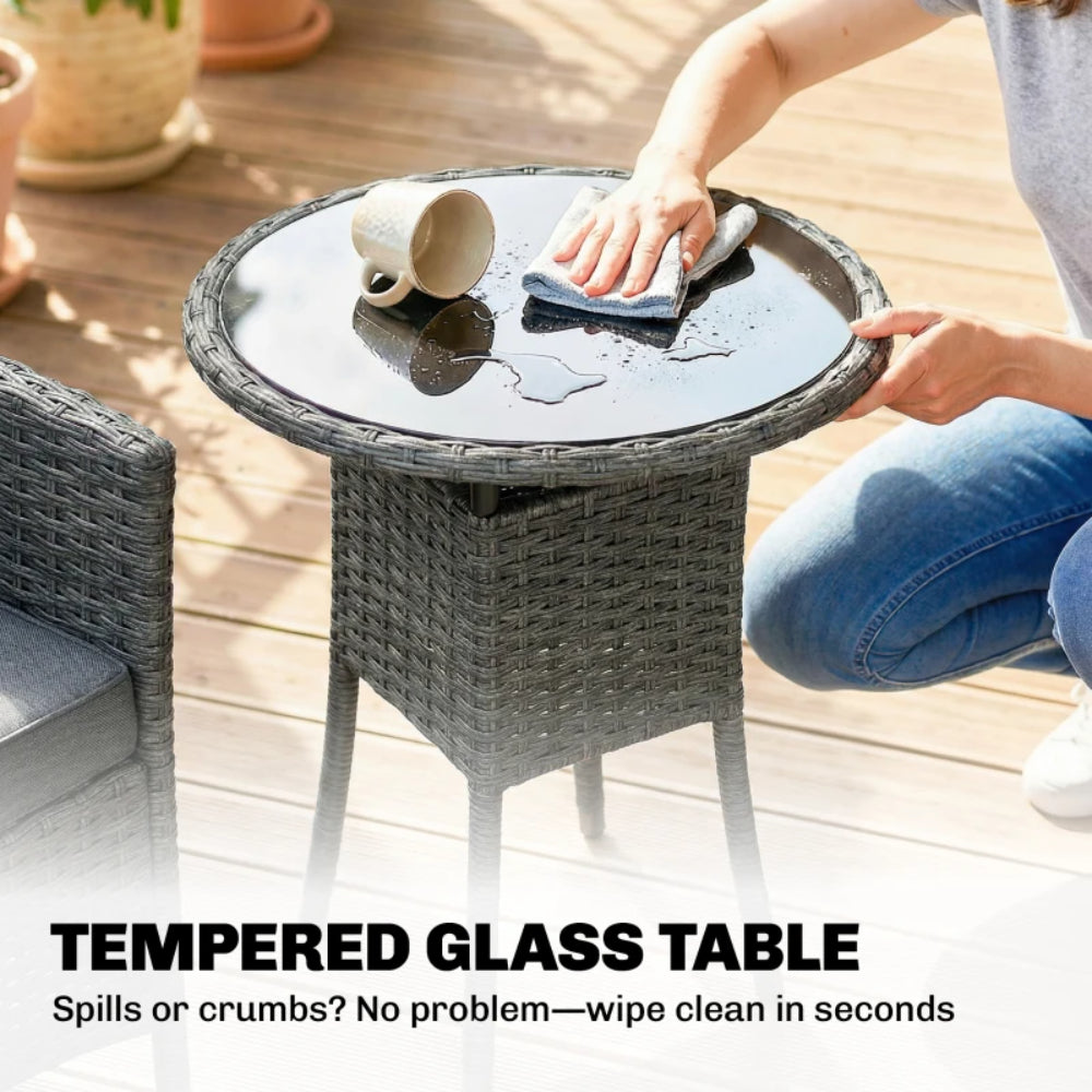 Outsunny Rattan Bistro Set, Reclining Garden Chairs and Glass Coffee Table with Cushions for Patio Balcony Porch