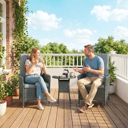Outsunny Rattan Bistro Set, Reclining Garden Chairs and Glass Coffee Table with Cushions for Patio Balcony Porch