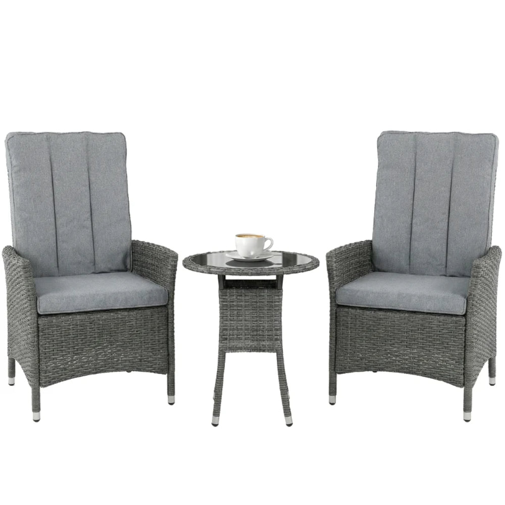 Outsunny Rattan Bistro Set, Reclining Garden Chairs and Glass Coffee Table with Cushions for Patio Balcony Porch