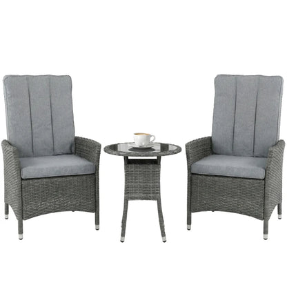 Outsunny Rattan Bistro Set, Reclining Garden Chairs and Glass Coffee Table with Cushions for Patio Balcony Porch