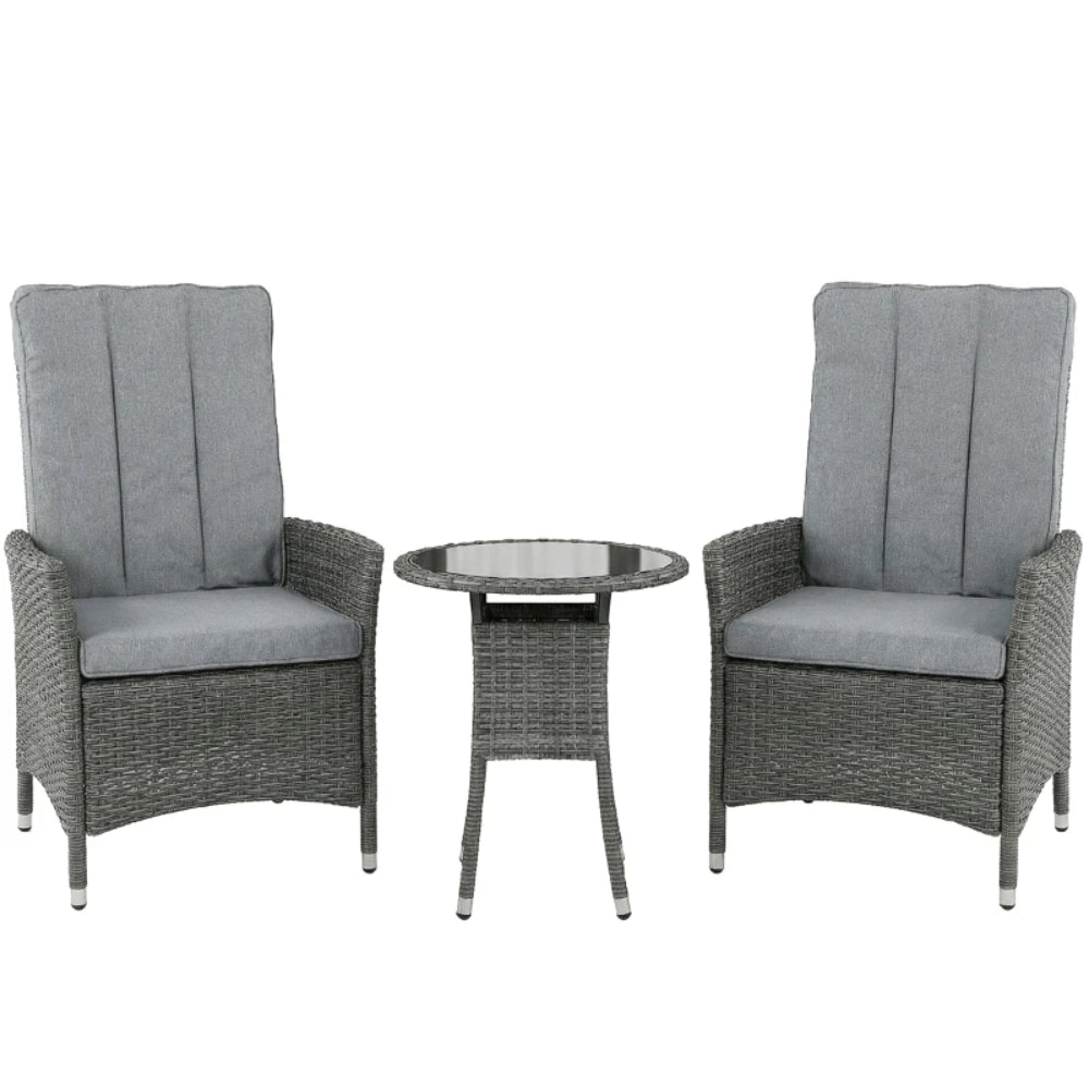 Outsunny Rattan Bistro Set, Reclining Garden Chairs and Glass Coffee Table with Cushions for Patio Balcony Porch