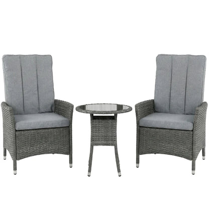 Outsunny Rattan Bistro Set, Reclining Garden Chairs and Glass Coffee Table with Cushions for Patio Balcony Porch