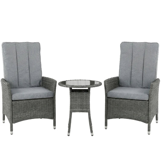 Outsunny Rattan Bistro Set, Reclining Garden Chairs and Glass Coffee Table with Cushions for Patio Balcony Porch