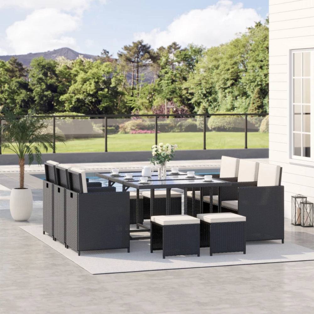 Outsunny Rattan Dining Set Garden Furniture Patio set 11 PC with Cushion Black /Milk White