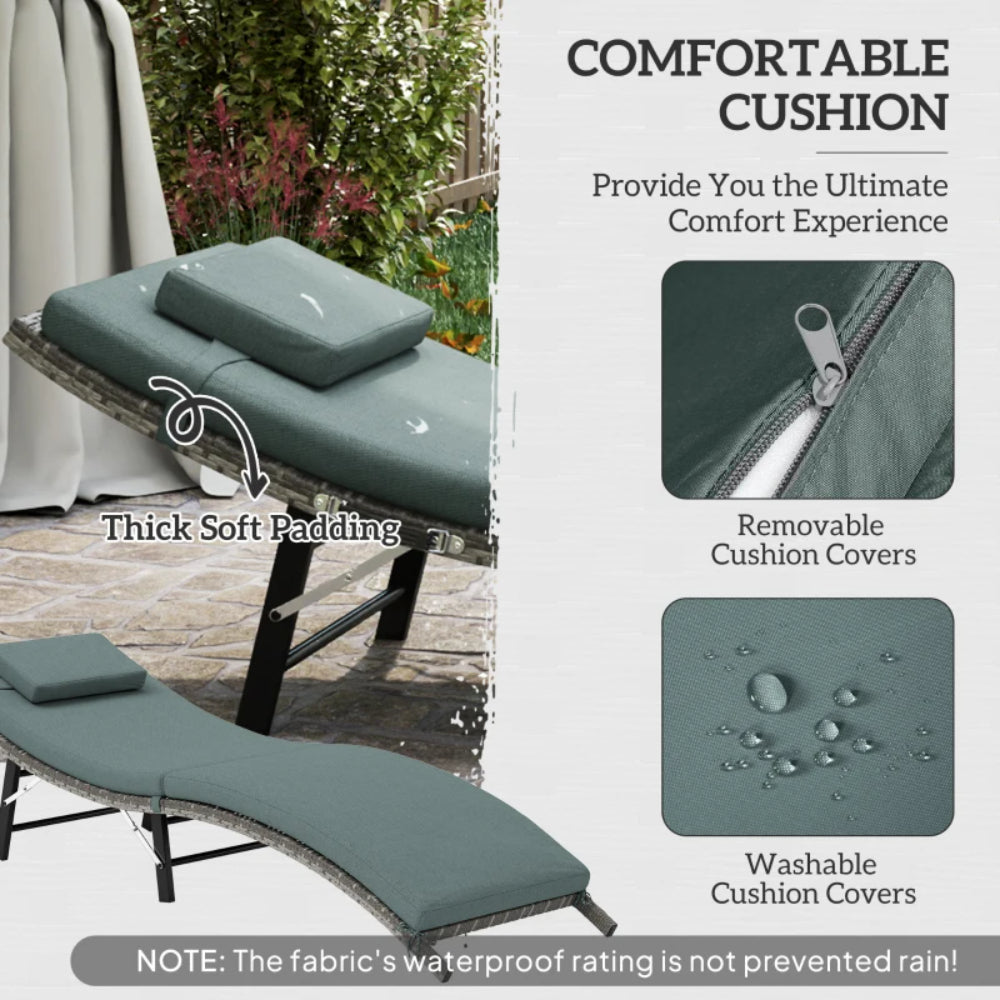 Outsunny Rattan Folding Sun Lounger Outdoor Chair with Cushion and Pillow Mixed Grey