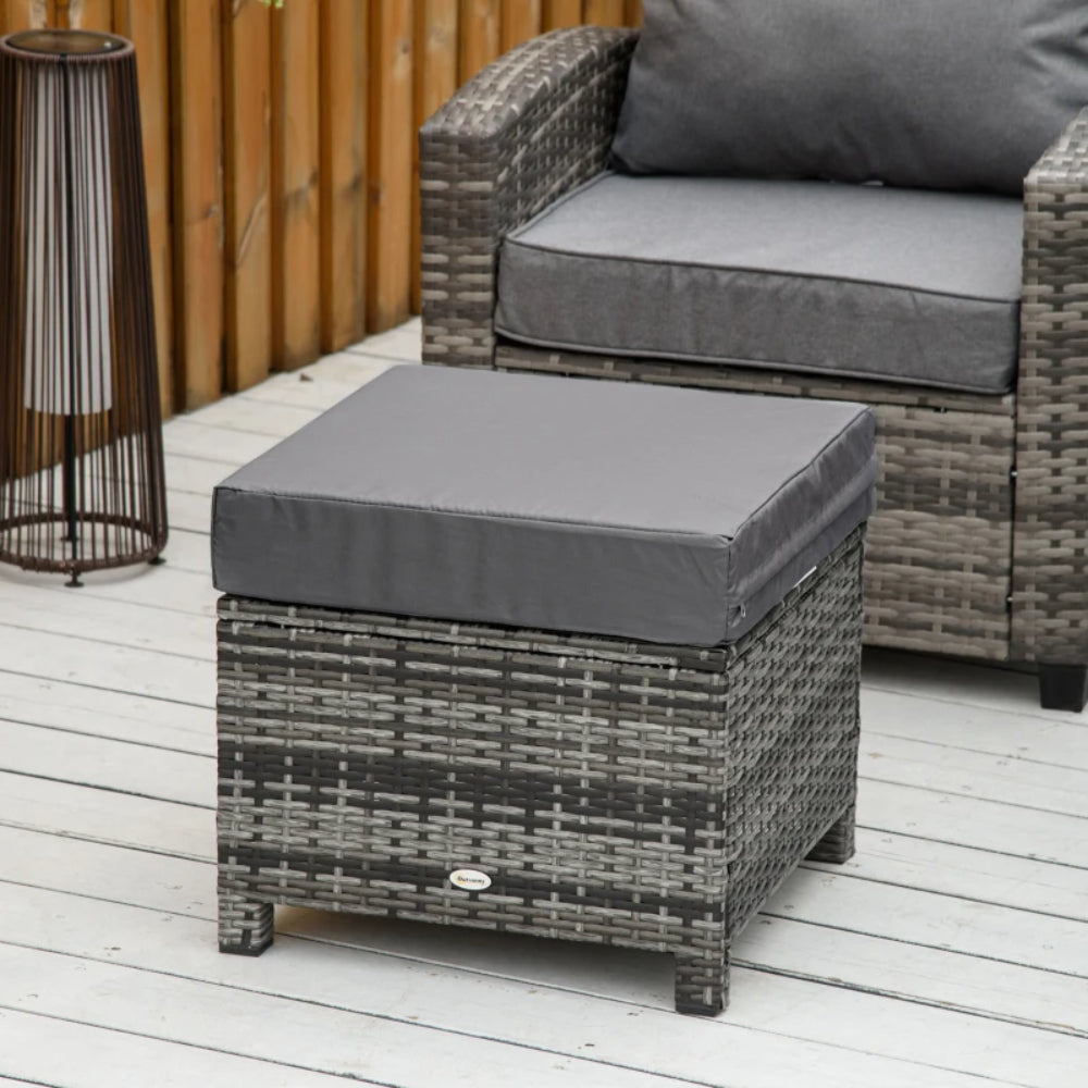 Outsunny Rattan Footstool Wicker Ottoman with Padded Seat Cushion Outdoor Patio Furniture for Garden Poolside Living Room, 50 x 50 x 35 cm