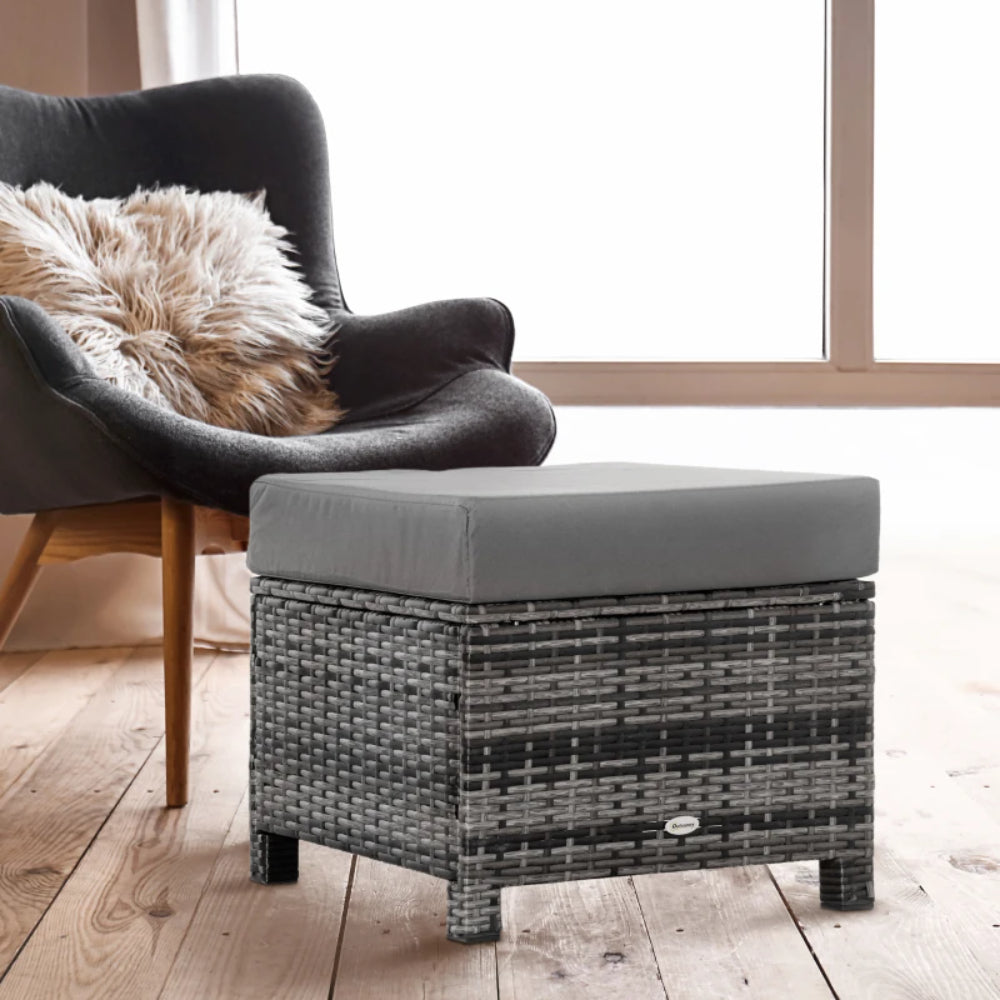 Outsunny Rattan Footstool Wicker Ottoman with Padded Seat Cushion Outdoor Patio Furniture for Garden Poolside Living Room, 50 x 50 x 35 cm