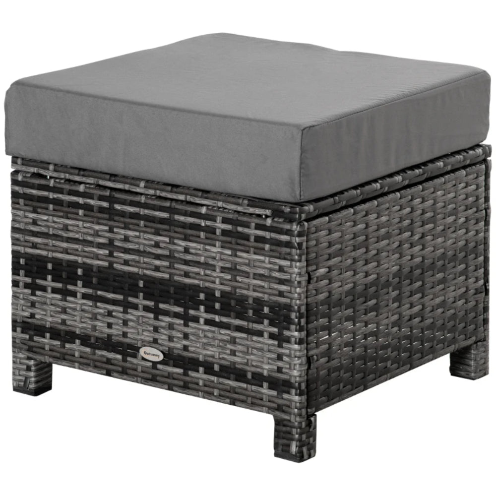 Outsunny Rattan Footstool Wicker Ottoman with Padded Seat Cushion Outdoor Patio Furniture for Garden Poolside Living Room, 50 x 50 x 35 cm