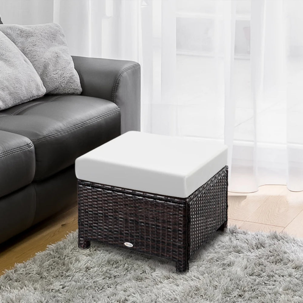 Outsunny Rattan Footstool Wicker Ottoman with Padded Seat Cushion Outdoor Patio Furniture for Garden Poolside Living Room, 50 x 50 x 35 cm