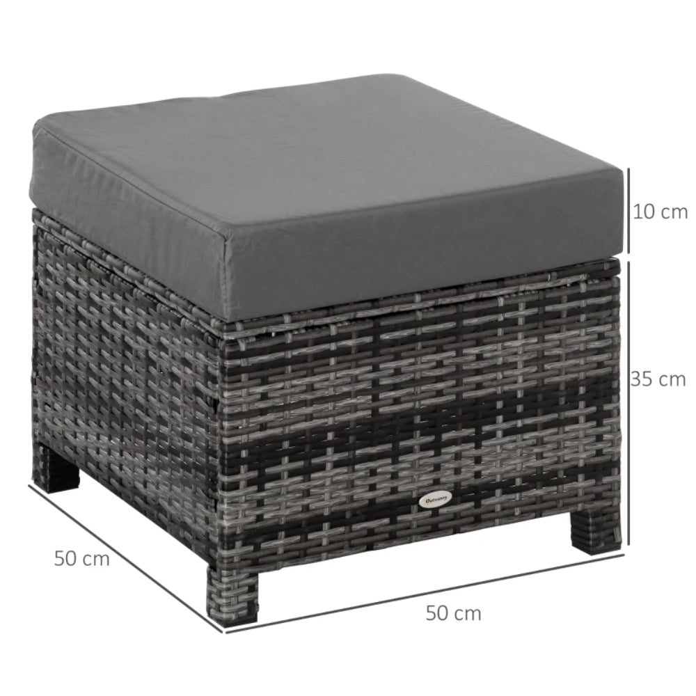 Outsunny Rattan Footstool Wicker Ottoman with Padded Seat Cushion Outdoor Patio Furniture for Garden Poolside Living Room, 50 x 50 x 35 cm