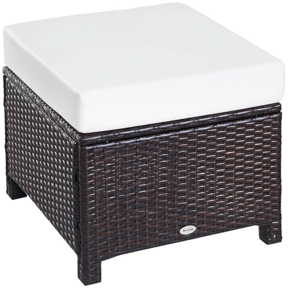 Outsunny Rattan Footstool Wicker Ottoman with Padded Seat Cushion Outdoor Patio Furniture for Garden Poolside Living Room, 50 x 50 x 35 cm