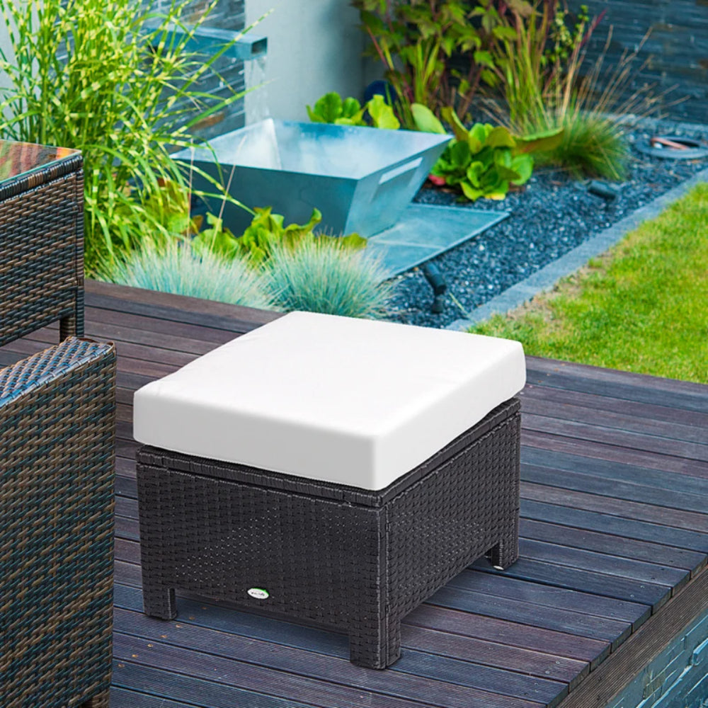 Outsunny Rattan Footstool Wicker Ottoman with Padded Seat Cushion Outdoor Patio Furniture for Garden Poolside Living Room, 50 x 50 x 35 cm