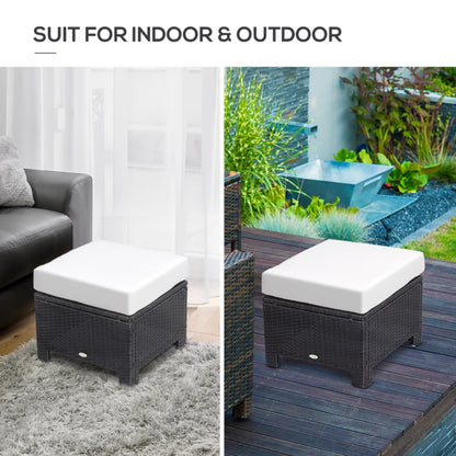 Outsunny Rattan Footstool Wicker Ottoman with Padded Seat Cushion Outdoor Patio Furniture for Garden Poolside Living Room, 50 x 50 x 35 cm