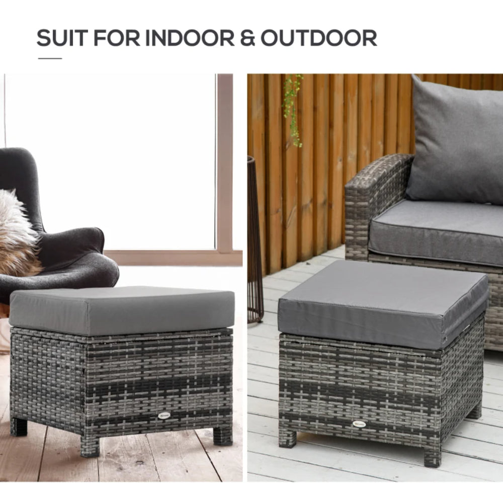 Outsunny Rattan Footstool Wicker Ottoman with Padded Seat Cushion Outdoor Patio Furniture for Garden Poolside Living Room, 50 x 50 x 35 cm